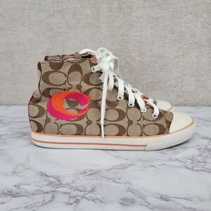Coach Women's High Top Sneakers Brown Logo Canvas and Pink Embroidery